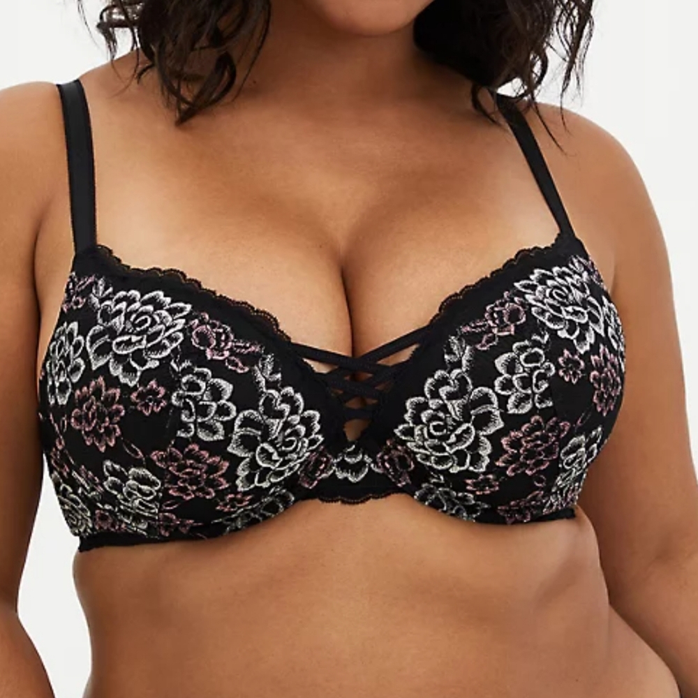 Torrid XO PUSH-UP PLUNGE BRA - LACE BLACK & PINK FLORAL